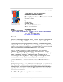 Hindering Factors to Access and Usage of Government Libraries in Kenya by Nerisa Kamar Research Librarian J.D. Rockefeller Resea