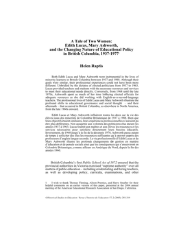 A Tale of Two Women: Edith Lucas, Mary Ashworth, and the Changing Nature of Educational Policy in British Columbia, 1937-19771