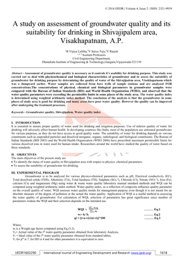 A Study on Assessment of Groundwater Quality and Its Suitability for Drinking in Shivajipalem Area, Visakhapatnam, A.P