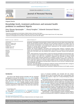 Knowledge Levels, Treatment Preferences and Neonatal Health Problems in Southwest Nigeria