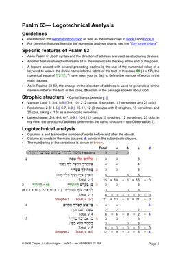 Psalm 63— Logotechnical Analysis Guidelines • Please Read the General Introduction As Well As the Introduction to Book I and Book II