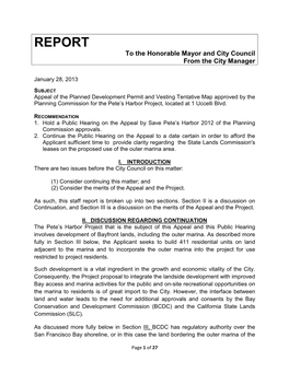 REPORT to the Honorable Mayor and City Council from the City Manager