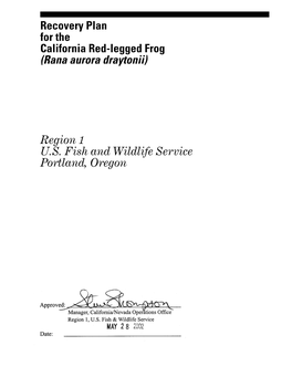 Recovery Plan for the California Red-Legged Frog (Rana Aurora Draytonii)