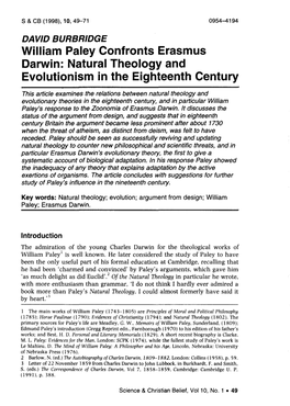 William Paley Confronts Erasmus Darwin: Natural Theology and Evolutionism in the Eighteenth Century