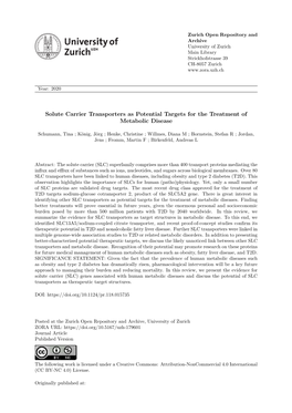 Solute Carrier Transporters As Potential Targets for the Treatment of Metabolic Disease