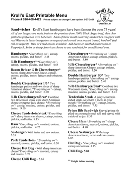 Kroll's East Printable Menu