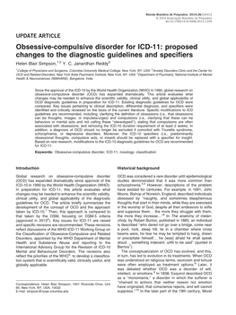 Obsessive-Compulsive Disorder for ICD-11: Proposed Changes to the Diagnostic Guidelines and Specifiers Helen Blair Simpson,1,2 Y