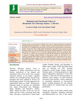 Medicinal and Nutritional Values of Drumstick Tree (Moringa Oleifera - a Review