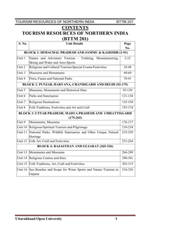 Contents Tourism Resources of Northern India (Bttm 201) S