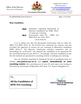 To, All the Candidates of KPSC Pre-Coaching