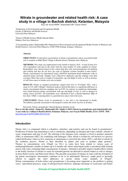 Nitrate in Groundwater and Related Health Risk: a Case Study in a Village in Bachok District, Kelantan, Malaysia Raja Adi Aiman RMM1, Shaharuddin MS1, Zaenal Abidin2
