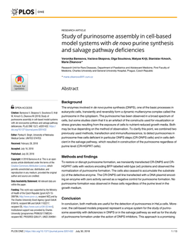 Study of Purinosome Assembly in Cell-Based Model Systems with De Novo Purine Synthesis and Salvage Pathway Deficiencies