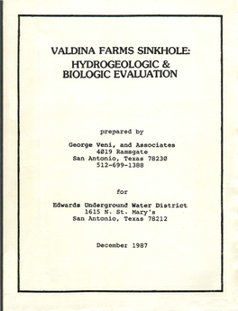 Valdina Farms Sinkhole: Hydrogeologic & Biologic Evaluation