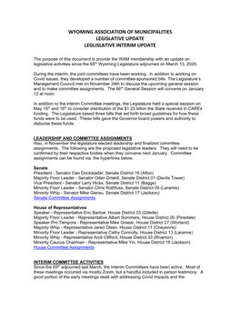 Wyoming Association of Municipalities Legislative Update Leglislative Interim Update