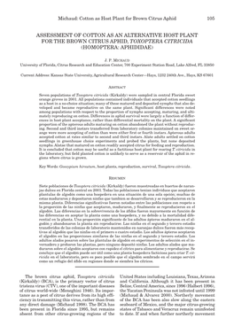 Assessment of Cotton As an Alternative Host Plant for the Brown Citrus Aphid, Toxoptera Citricida (Homoptera: Aphididae)