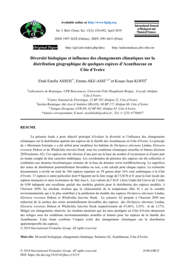 Diversité Biologique Et Influence Des Changements Climatiques Sur La Distribution Géographique De Quelques Espèces D’Acanthaceae En Côte D’Ivoire