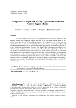 Comparative Analysis of Carrying Capacity Indices for the Central Aegean Islands*