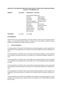 MINUTES of the FEBRUARY MEETING of LAOIS COUNTY COUNCIL HELD in ÁRAS an CHONTAE on the 27TH of FEBRUARY 2012 PRESENT: Councillo