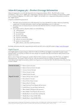 Product Coverage Information Adam & Company Plc Is Covered by the Financial Services Compensation Scheme (FSCS)