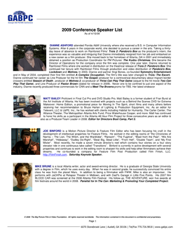 2009 Conference Speaker List As of 4/15/09