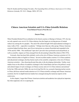 Chinese American Scientists and U.S.-China Scientific Relations from Richard Nixon to Wen Ho Lee∗