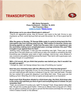 QB Jimmy Garoppolo Press Conference – October 16, 2019 San Francisco 49Ers Listen to Audio I Media Center