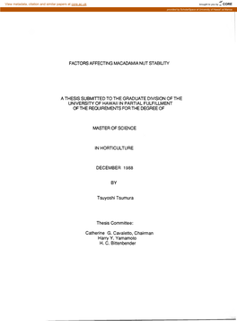 Factors Affecting Macadamia Nut Stability a Thesis