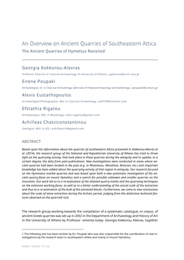 An Overview on Ancient Quarries of Southeastern Attica Τhe Ancient Quarries of Hymettus Revisited1