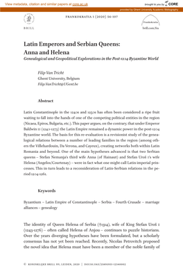 Latin Emperors and Serbian Queens: Anna and Helena Genealogical and Geopolitical Explorations in the Post-1204 Byzantine World