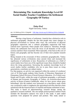 Determining the Academic Knowledge Level of Social Studies Teacher Candidates on Settlement Geography of Turkey