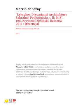 Leksykon Drewnianej Architektury Sakralnej Podkarpacia, T. II: M-Ż", Red