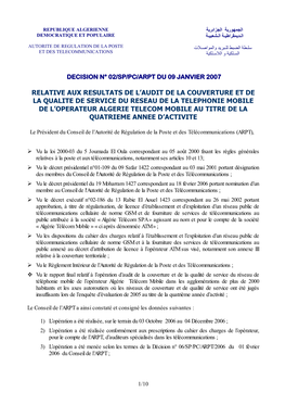 Relative Aux Resultats De L'audit De La Couverture Et De La Qualite De Service Du Reseau De La Telephonie Mobile De L'operat