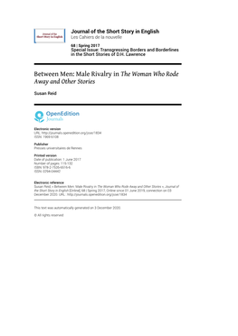 Journal of the Short Story in English, 68 | Spring 2017 Between Men: Male Rivalry in the Woman Who Rode Away and Other Stories 2