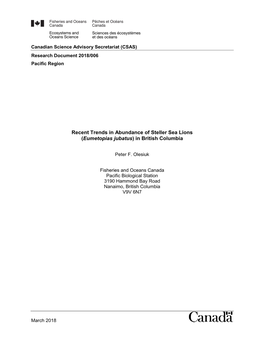 Recent Trends in Abundance of Steller Sea Lions (Eumetopias Jubatus) in British Columbia