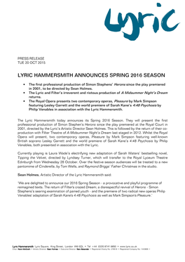 Lyric Hammersmith Announces Spring 2016 Season