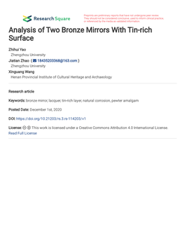 Analysis of Two Bronze Mirrors with Tin-Rich Surface Zhihui Yao1 Jiatian