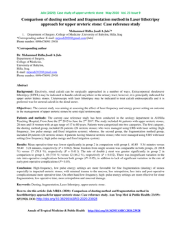 Comparison of Dusting Method and Fragmentation Method in Laser Lithotripsy Approach for Upper Ureteric Stone: Case Reference Study