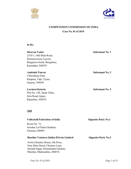 COMPETITION COMMISSION of INDIA Case No. 01 of 2019 in Re: A. Shravan Yadav 2518/1, 14Th Main Road, Kumaraswamy Layout, Banga