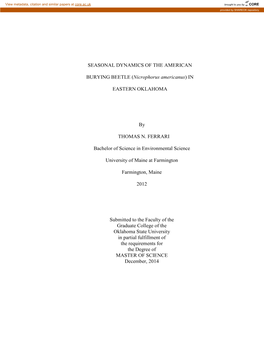 SEASONAL DYNAMICS of the AMERICAN BURYING BEETLE (Nicrophorus Americanus ) in EASTERN OKLAHOMA