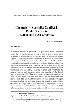 Generalist - Specialist Conflict in Public Service in Bangladesh : an Overview