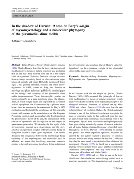 In the Shadow of Darwin: Anton De Bary's Origin of Myxomycetology