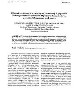 Effect of Low Temperature Storage on the Viability of Puparia of Sturmiopsis Inferens Townsend (Diptera: Tachnidae) a Larval Parasitoid of Sugarcane Moth Borers