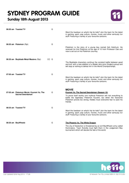 SYDNEY PROGRAM GUIDE Sunday 18Th August 2013