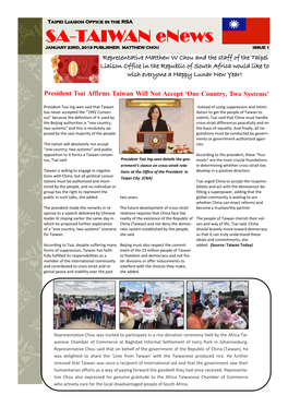 SA-TAIWAN Enews JANUARY 23RD, 2019 PUBLISHER: MATTHEW CHOU ISSUE 1