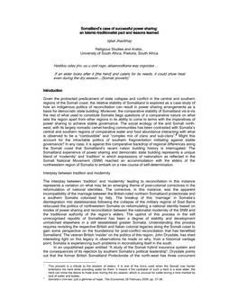 Somaliland's Case of Successful Power Sharing: an Islamic-Traditionalist Pact and Lessons Learned Iqbal Jhazbhay Religious