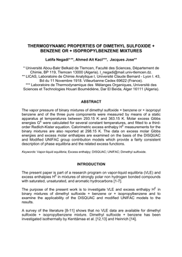 Thermodynamic Properties of Dimethyl Sulfoxide + Benzene Or + Isopropylbenzene Mixtures