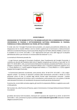 Provincia Di Piacenza Avviso Pubblico Designazione Dei