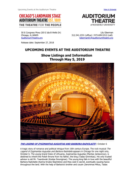 UPCOMING EVENTS at the AUDITORIUM THEATRE Show Listings and Information Through May 5, 2019