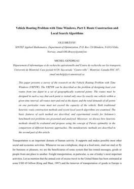 Vehicle Routing Problem with Time Windows, Part I: Route Construction and Local Search Algorithms