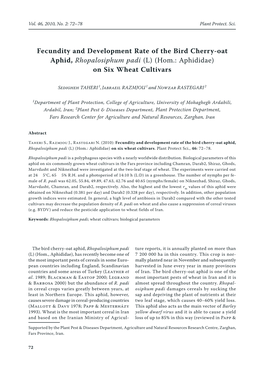 Fecundity and Development Rate of the Bird Cherry-Oat Aphid, Rhopalosiphum Padi (L) (Hom.: Aphididae) on Six Wheat Cultivars